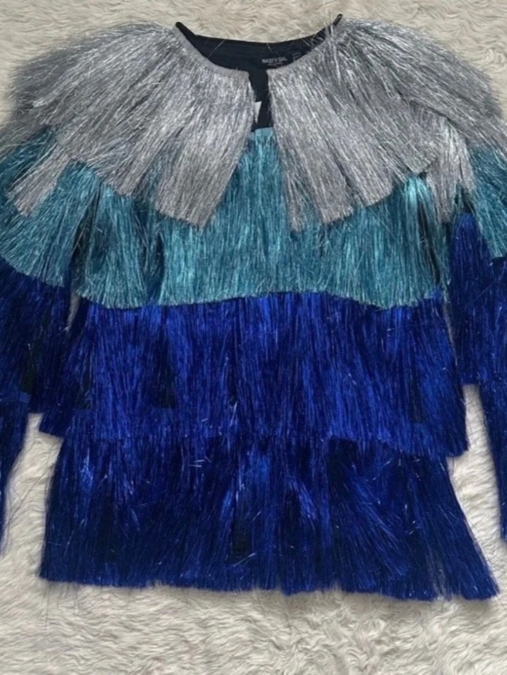 NASTY GAL Metallic Tiered Tinsel Fringe Open Front Jacket Blue & Silver US 6